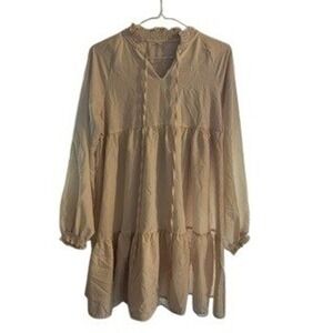 Tan Tiered Babydoll Mini Dress Smocked Ruffle Neck Long Sleeve Beige Size M